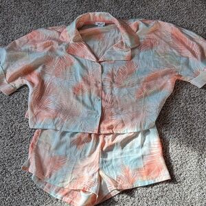 Splendid Two-Piece Palm Print Pajama Set in Coral and Light Blue